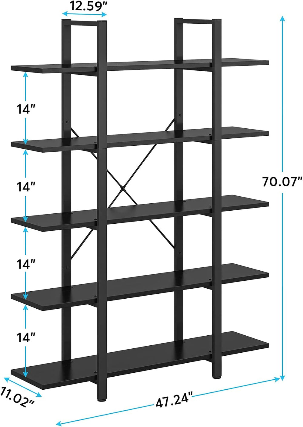 Tribesigns 5-Tier Bookshelf, Vintage Industrial Style Bookcase 72 H x 12 W x ...