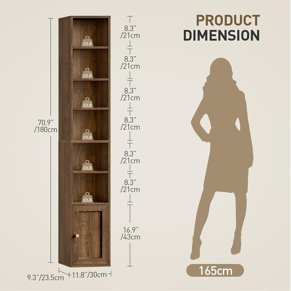 RALGEND 7-Tier Tall Narrow Bookshelf with Door, DVD Media Tower Rack