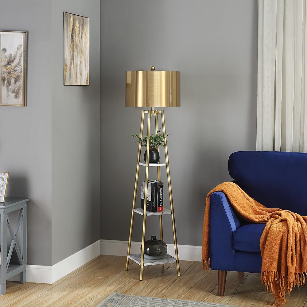 ROSEN GARDEN Floor Lamp, Standing Reading Light with Shelves and Gold Shade, ...