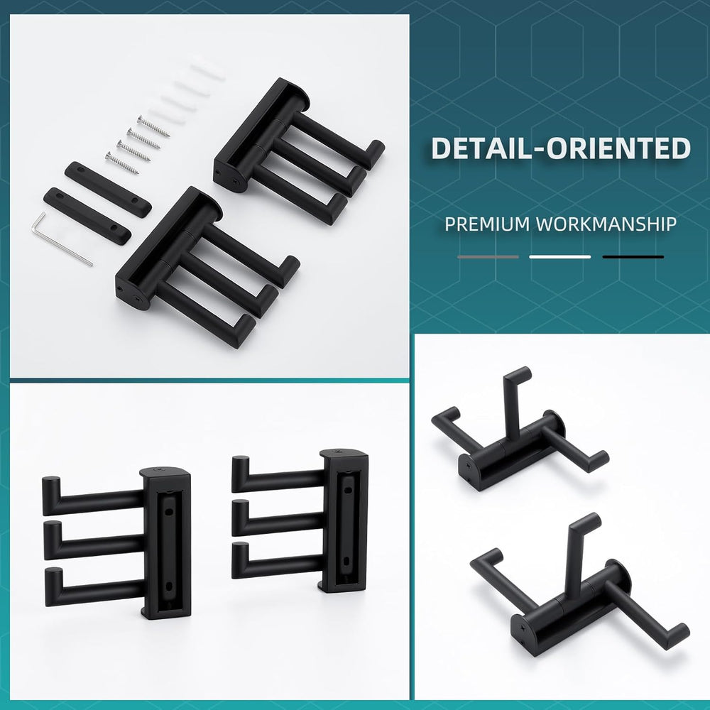 Angle Simple Swivel Towel Hooks for Bathrooms, 2 Pack Wall Hook Matte Black
