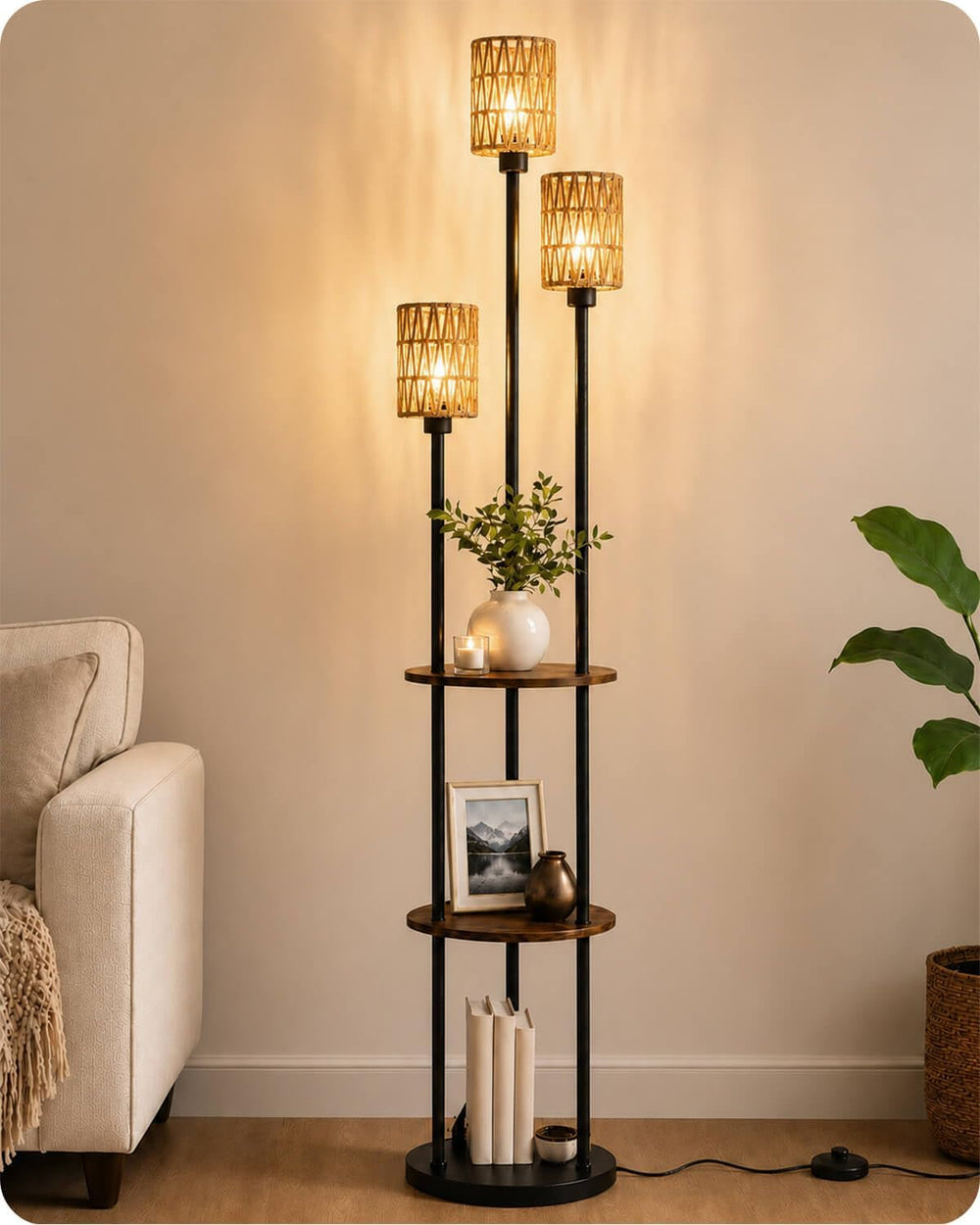 KIZON 71" Floor Lamp with Shelves and Rattan Shades, 3-Tier Standing Light