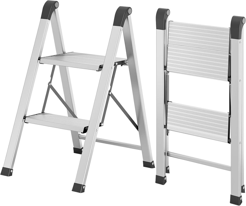 KINGRACK 2 Step Aluminum Step Ladders Foldable for Home, 330lb, Silver
