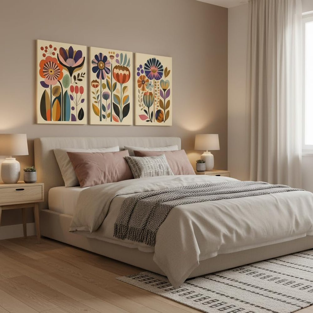 XIGBAWAN 3 Pcs Boho Floral Canvas Wall Art,Scandinavian Flower Wall Decor