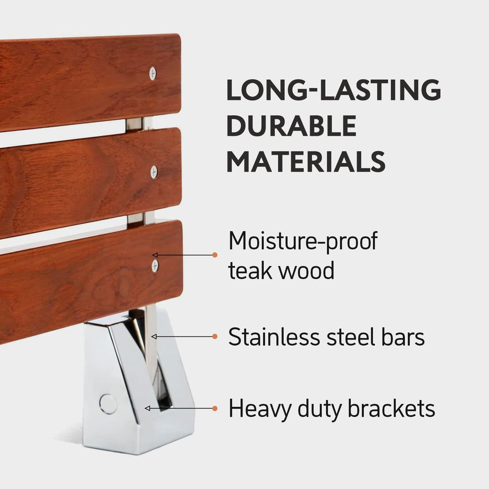 Folding Shower Seat - Wall Mounted - 16 Inch - Fold Down - Teak