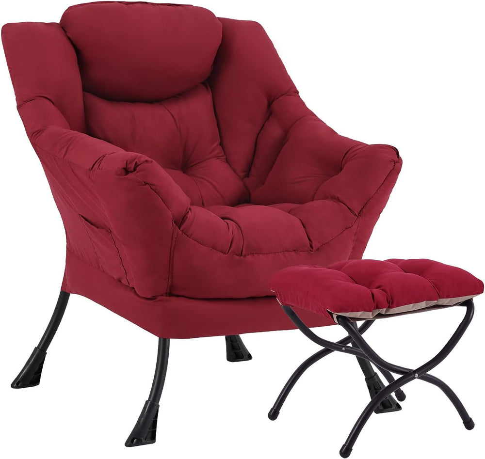 Lazy Chair with Ottoman, Soft Comfy Chair for Bedroom, Burgundy