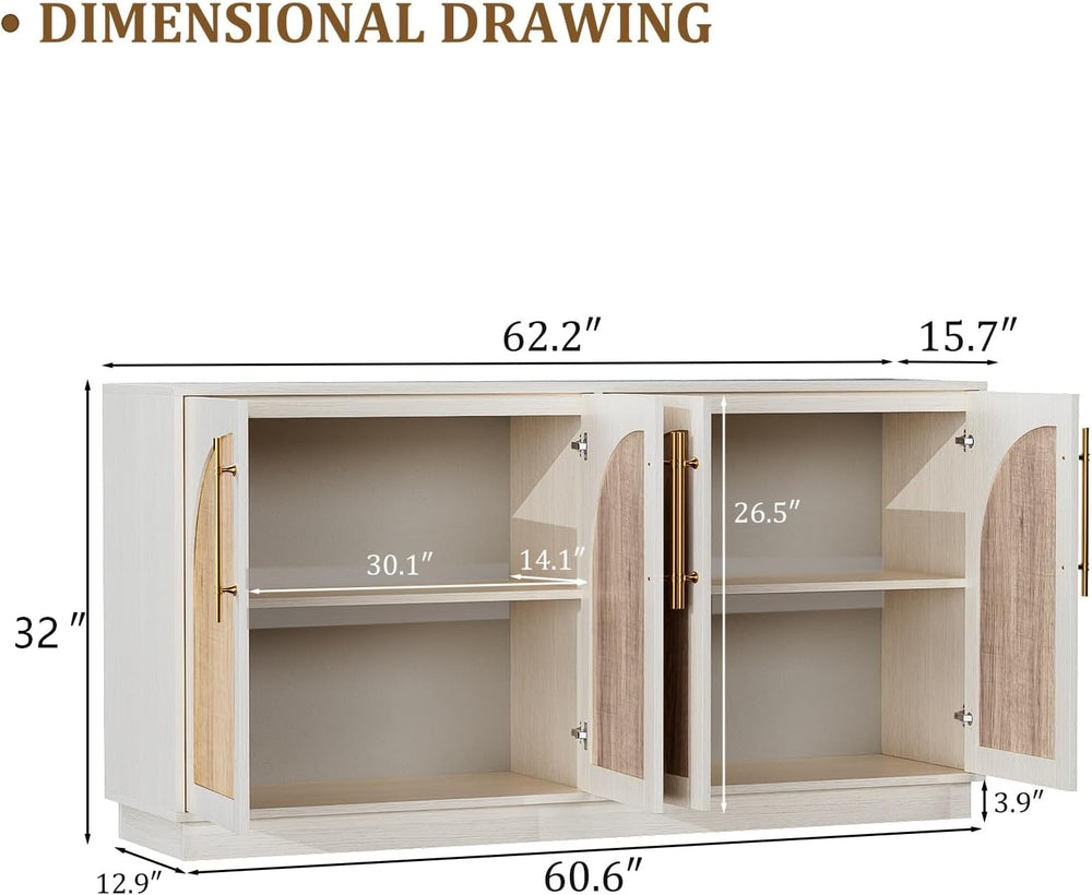 62'' Mid Century Modern Buffet Cabinet with Arch Doors, White and Nat...