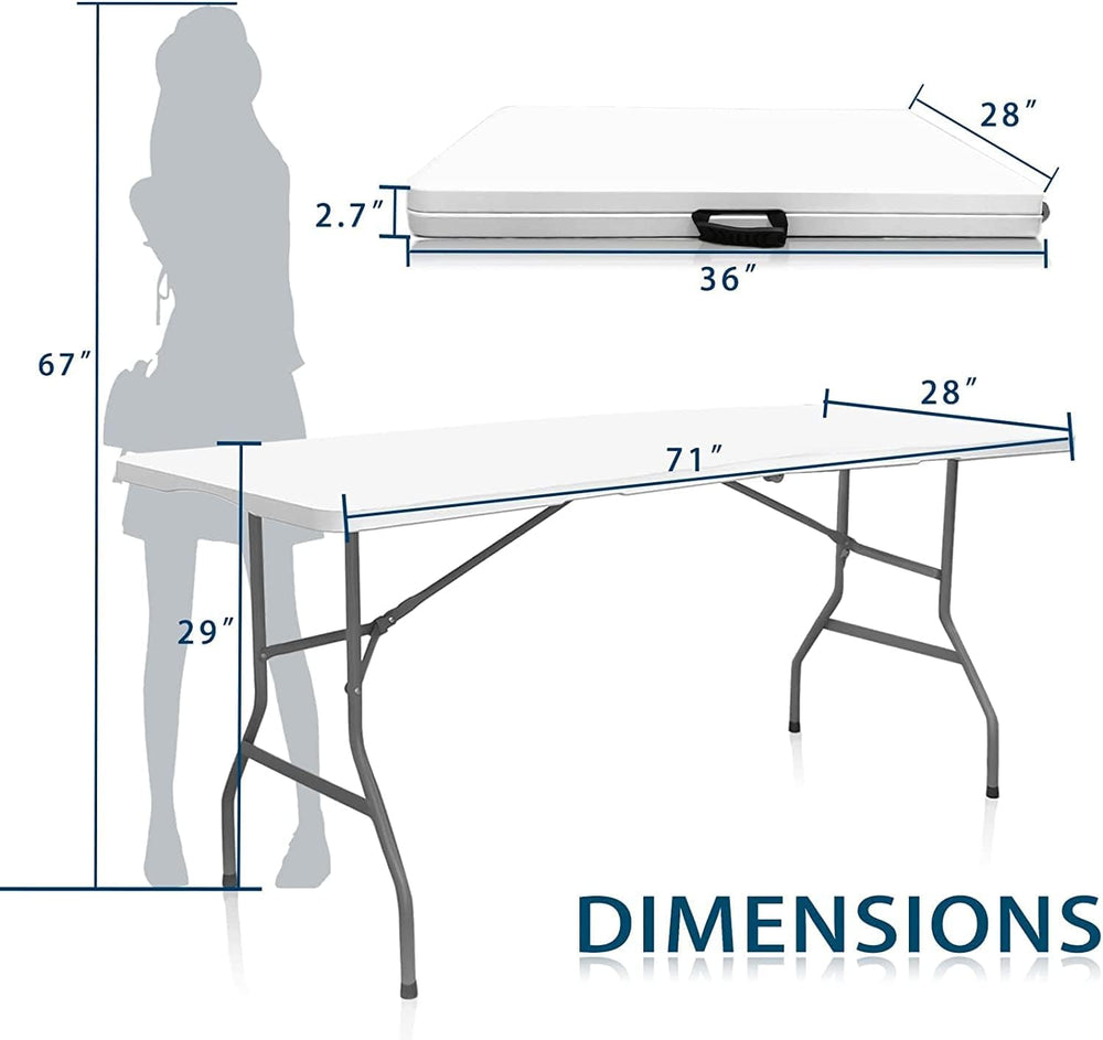 6FT Folding Table, Fold-in-Half Portable Plastic Table, White
