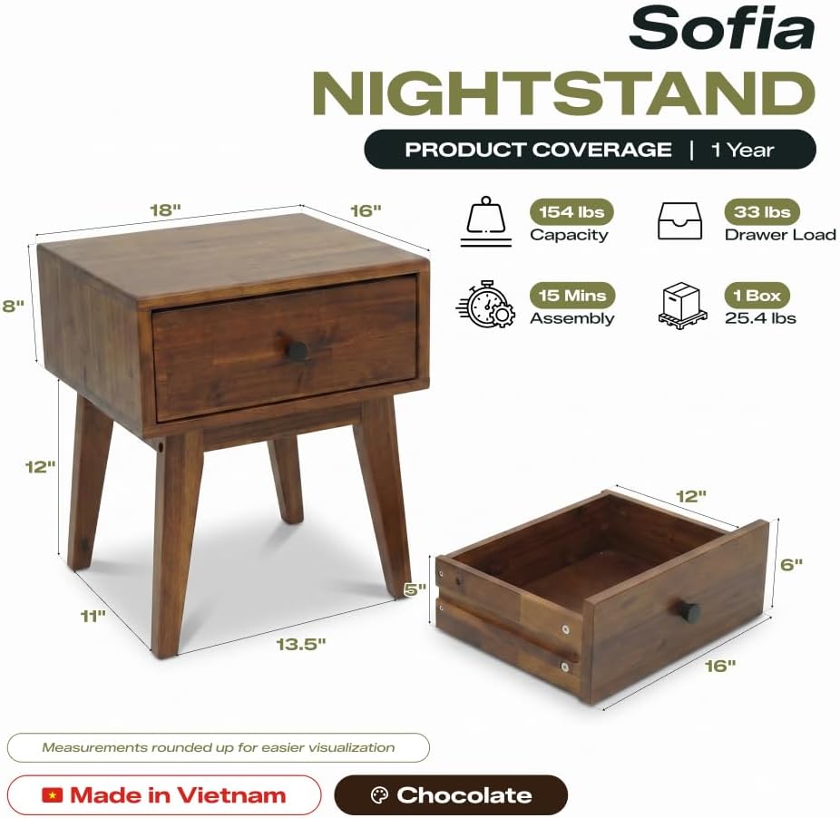 Acacia Sofia Nightstand with Drawer, Bedside Table, Solid Wood Bedside End Ta...