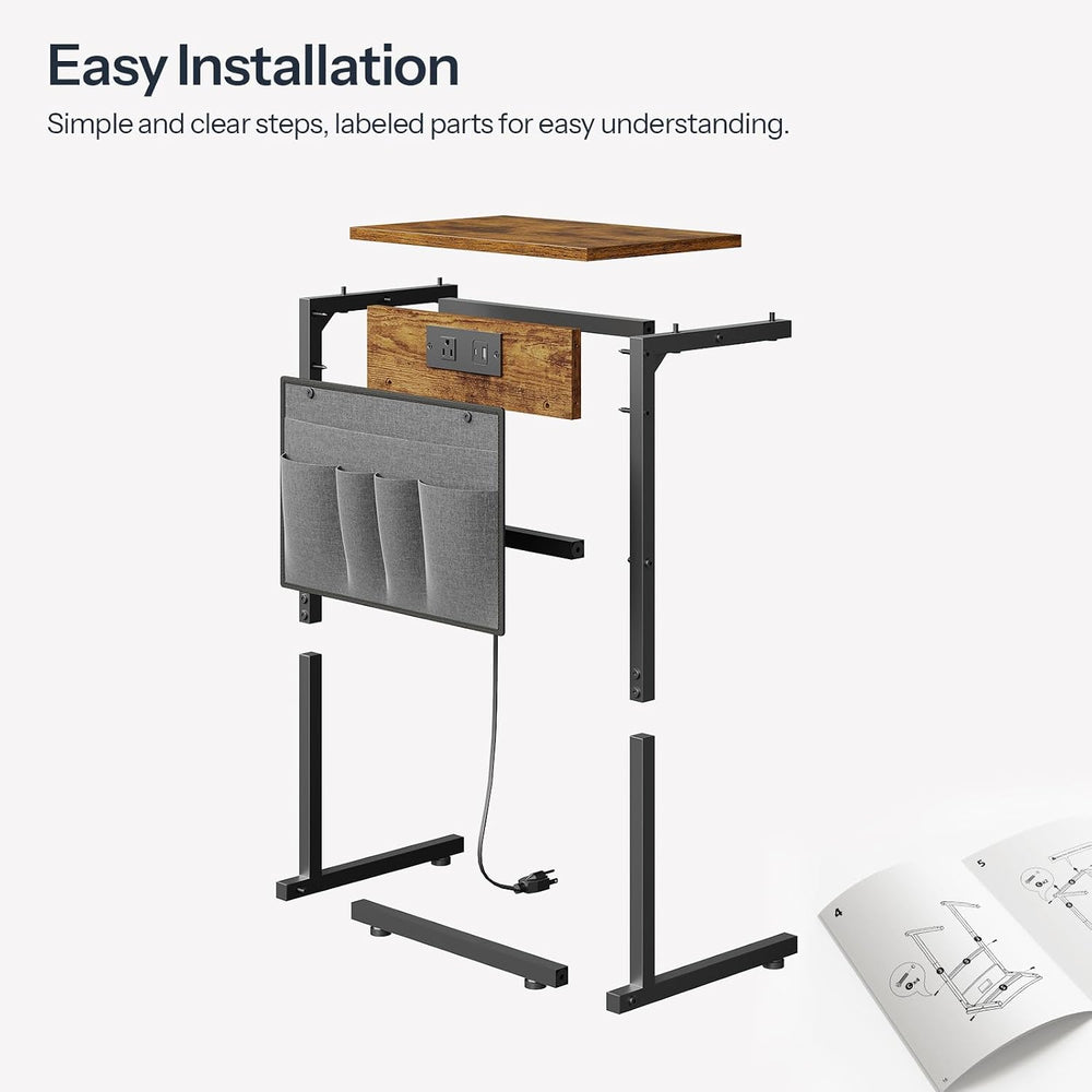 HOOBRO C Shaped End Table with Charging Station, Slide Under Couch Table