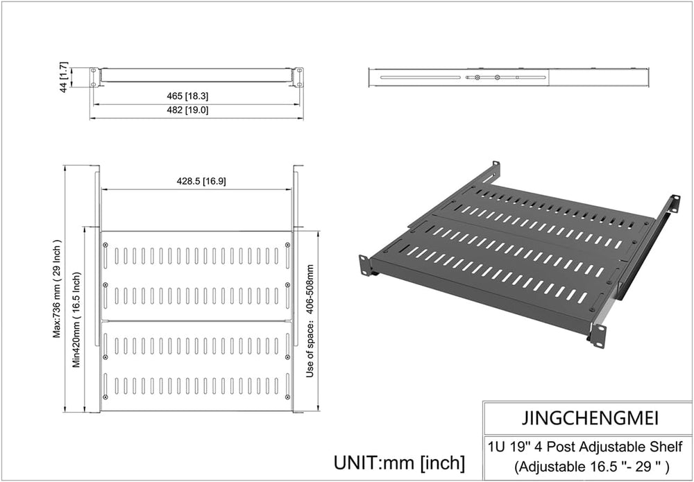 1U Vented 4-Post Adjustable Server Shelf -Mounting 16.5-29" D