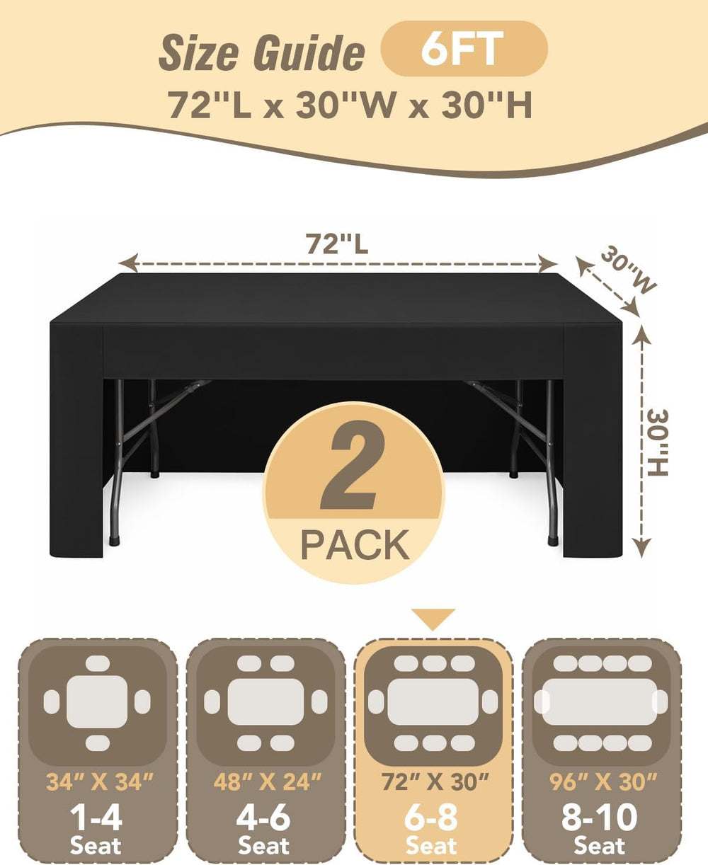 2 Pack Black Open Back Fitted Tablecloth Rectangle for 6ft Table