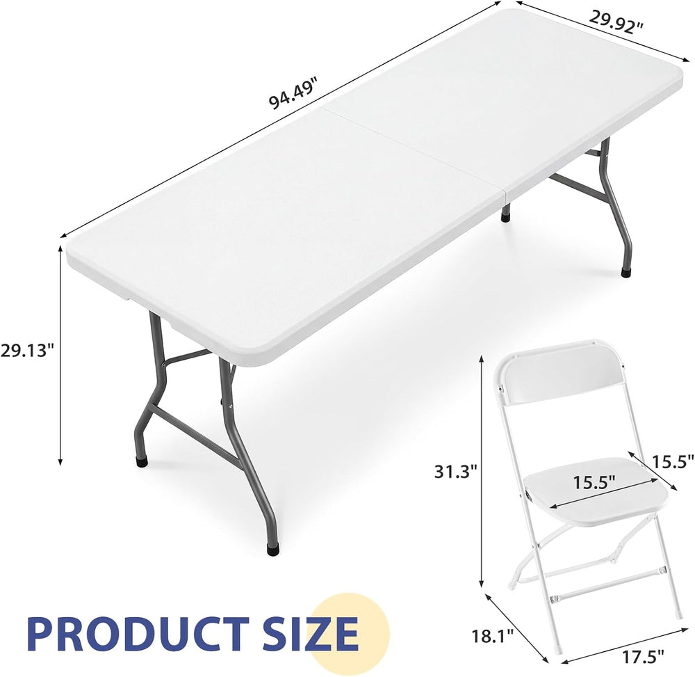 Sweetcrispy 8 FT Folding Picnic Table, with 10 White Folding Chairs