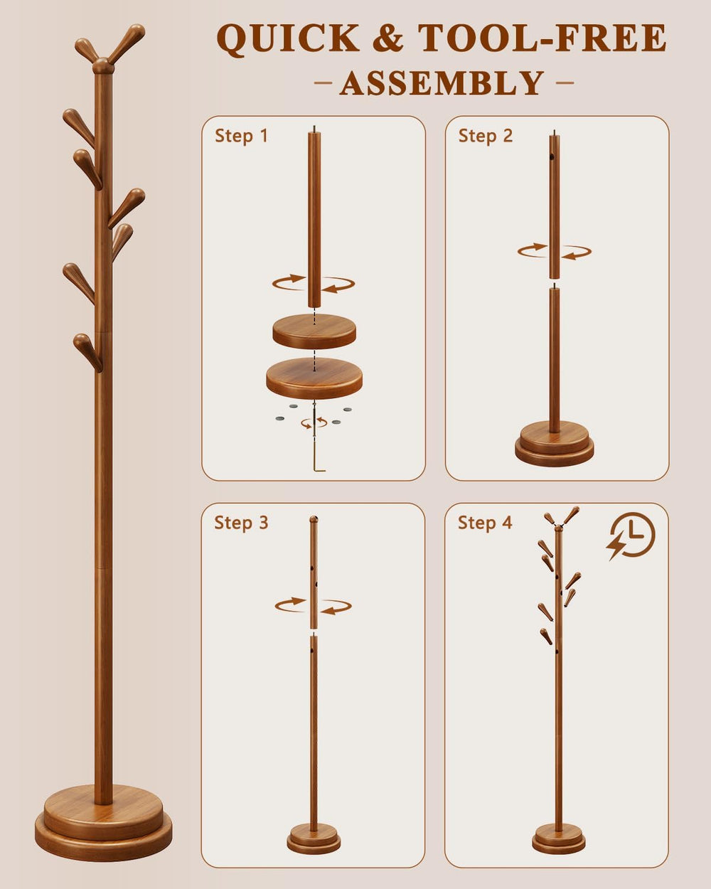 STARSAGA Solid Wood Coat Rack Freestanding Coat Tree with 8 Hooks