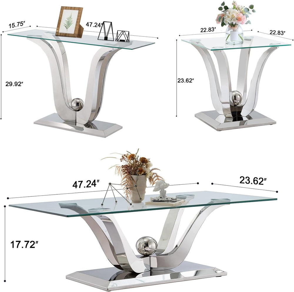 SSLine 3-Piece Modern Silver Glass Coffee Table Set, End & Console Tables