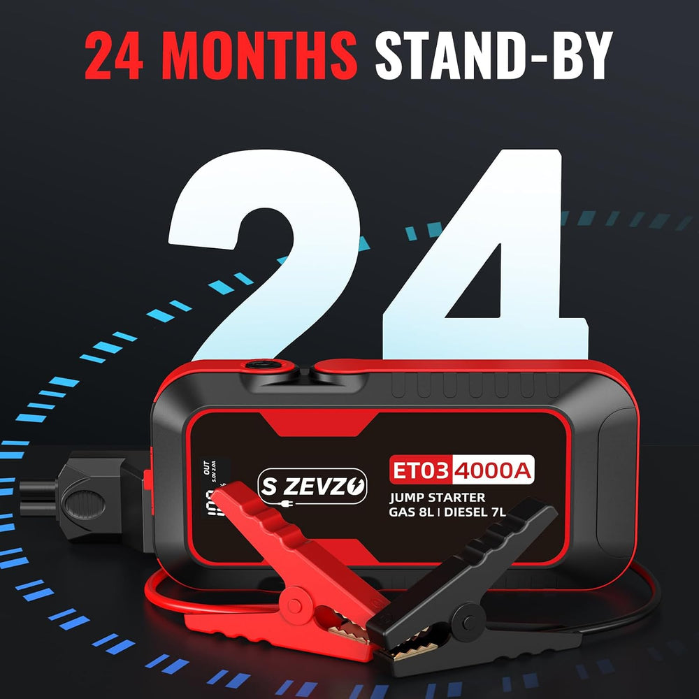 S ZEVZO ET03 Car Jump Starter 4000A Jump Starter Battery Pack for Up to 8.0L ...