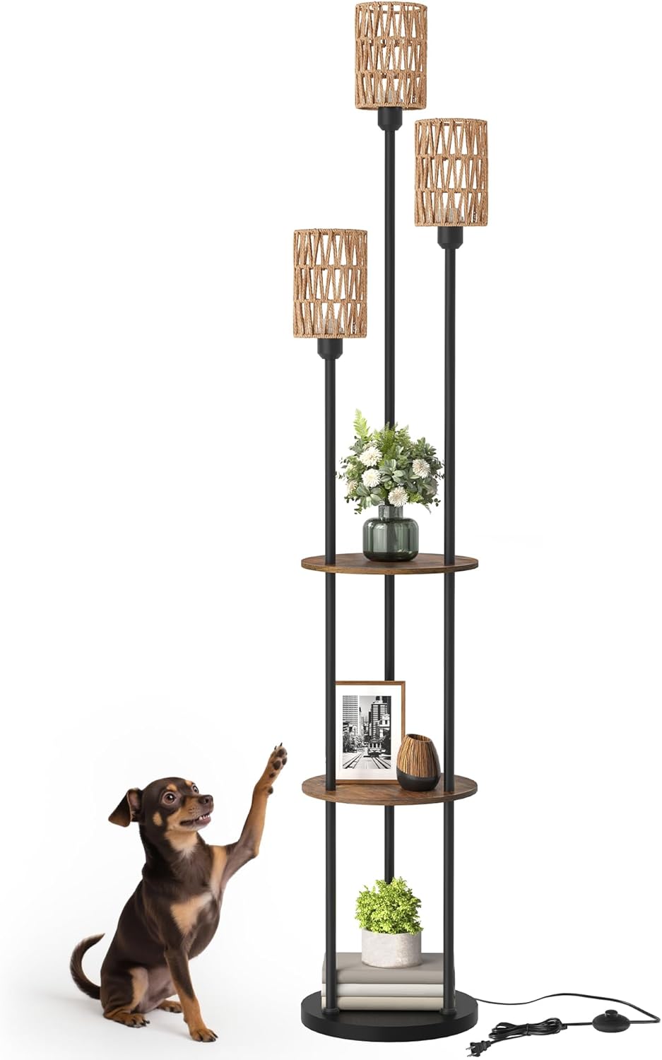 Floor Lamp with Shelves, Boho Floor Lamp with Foot Switch, 3-Light Standing L...