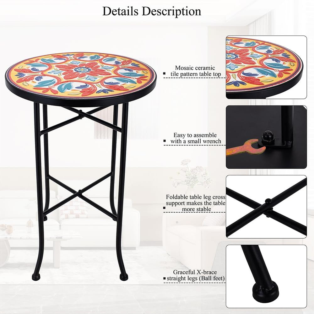 14 Inch Mosaic Patio Round Side Table with X-Straight Legs