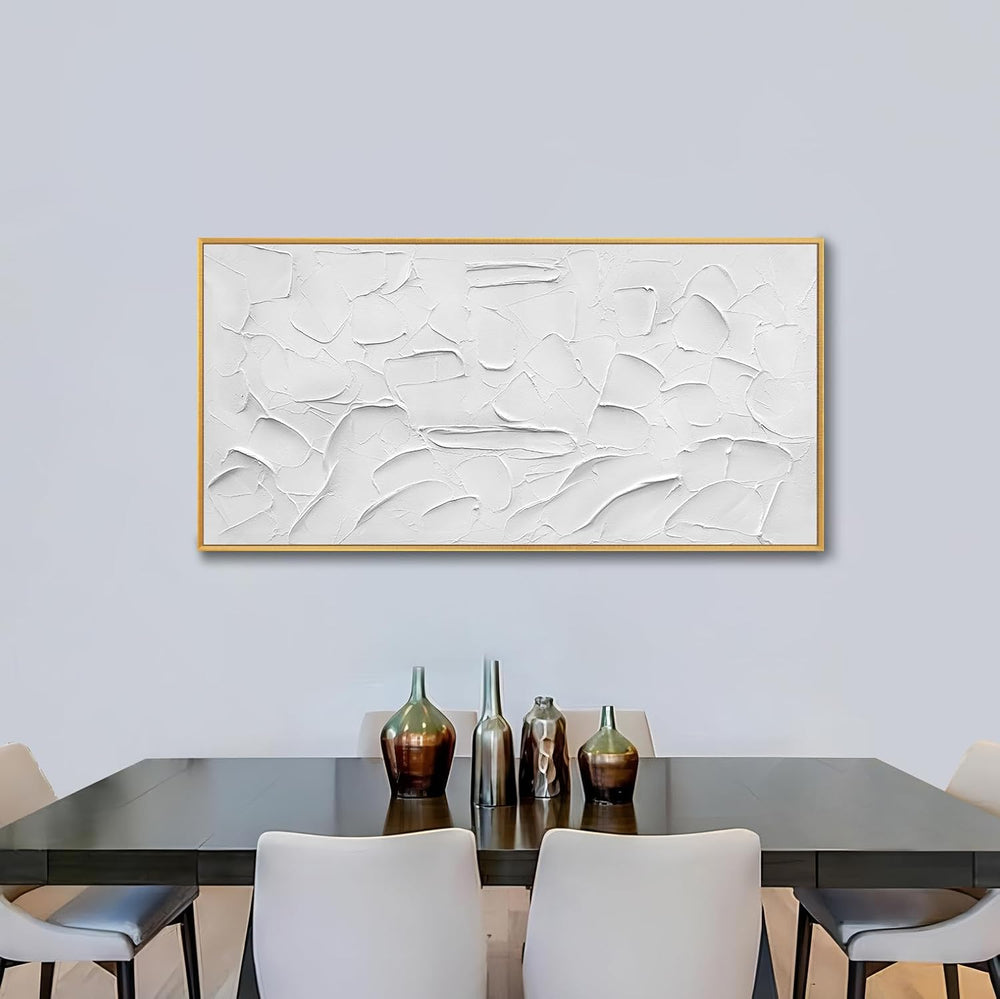 Abstract Large Hand-Painted White Textured Oil Painting Gold Frame Wall Art