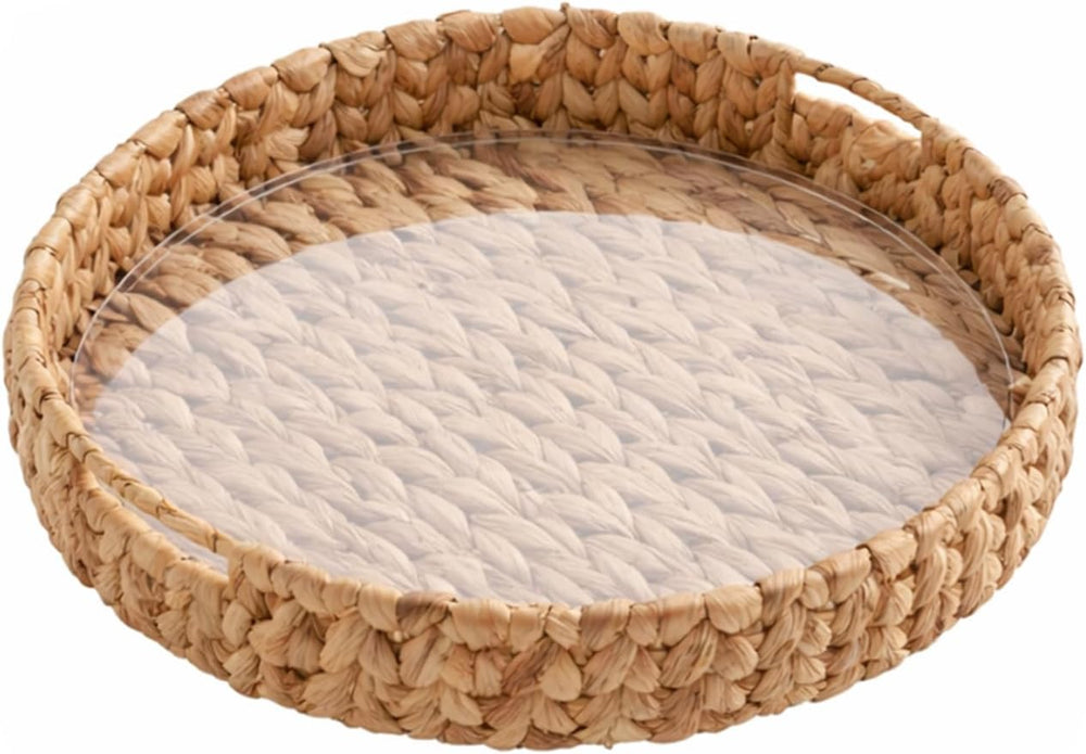 Round Woven Rattan Tray with Clear Acrylic Insert and Handles, Water Hyacinth...