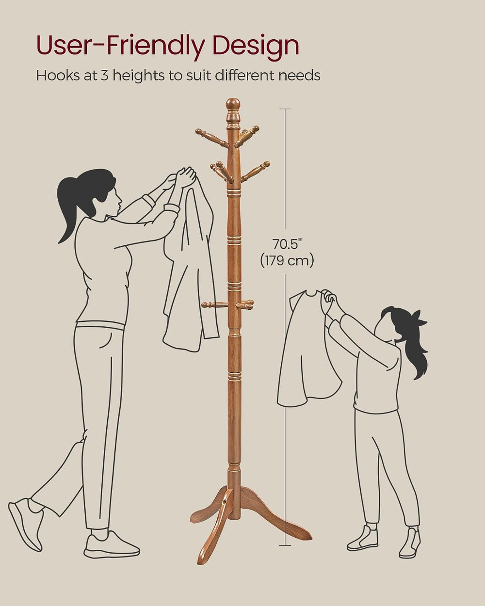 VASAGLE Freestanding Coat Rack, Rubber Wood Coat Tree with 9 Hooks