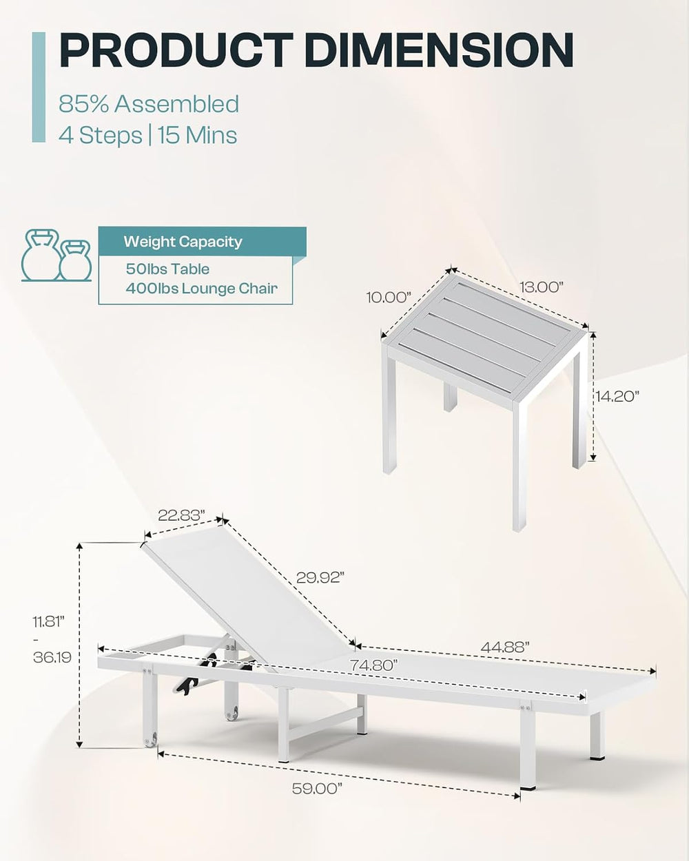 Lounge Chair Outdoor with Wheels, Aluminum Chaise Lounge Outdoor Chair with 5...