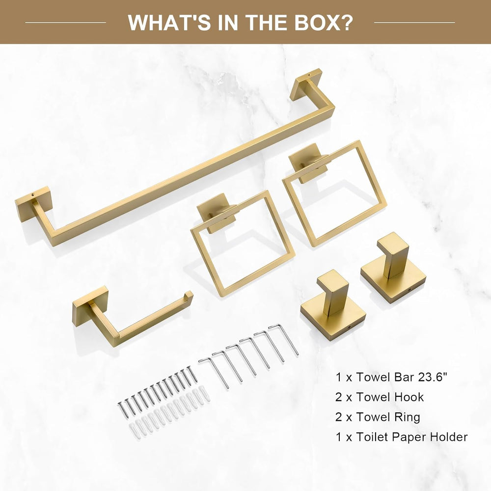 TQKAG 6-Piece Bathroom Towel Bar Sets Brushed Gold 23.6 inch Towel Bar Stainl...
