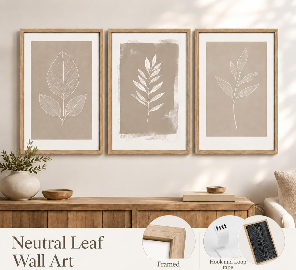 Framed 3pcs Boho Neutral Leaf Canvas Wall Art 16X24 Inch