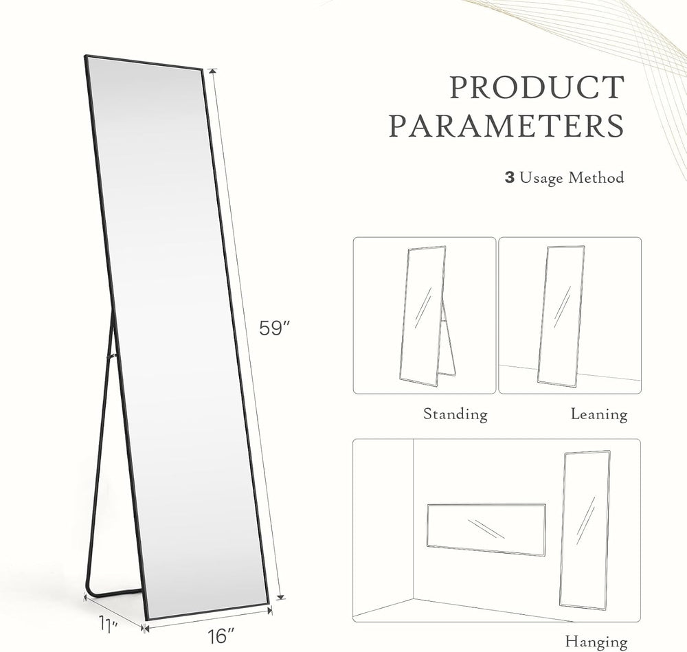 Full Length Floor Mirror, 16"x59" Body Wall Mirror with Stand