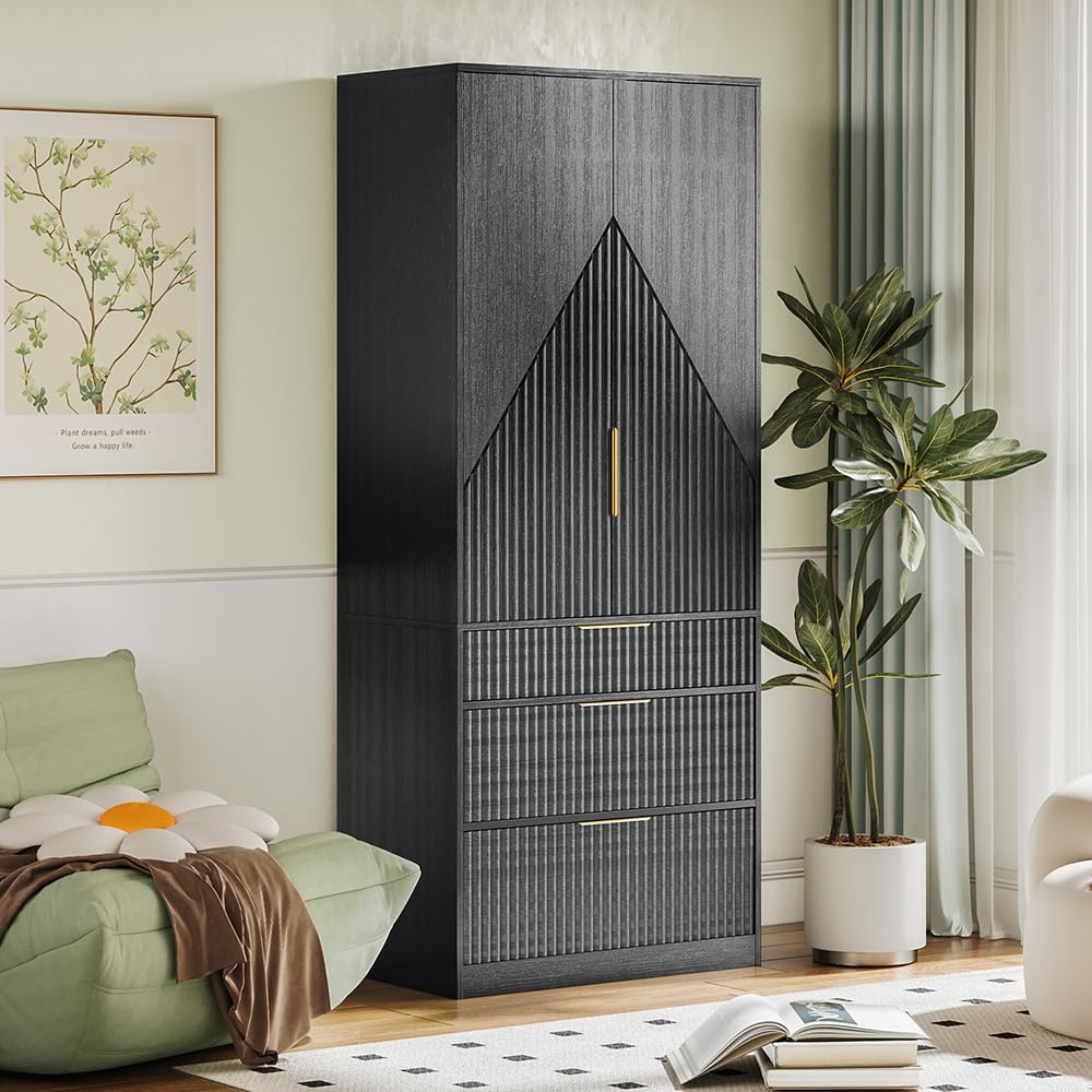 TOKSOM 70" Wardrobe Armoire Wooden Closet with 2 Doors and 3 Drawers, Be...