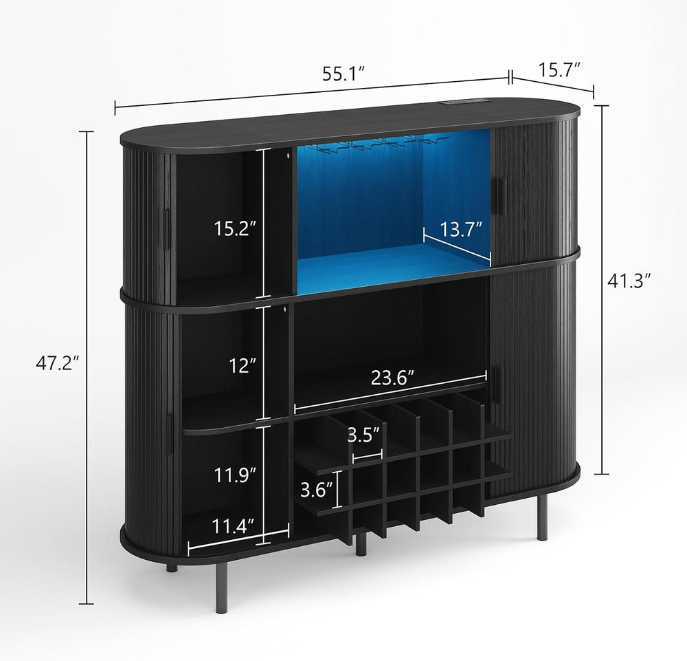ONBRILL 55" Fluted Wine Bar Cabinet with Power Outlet Black