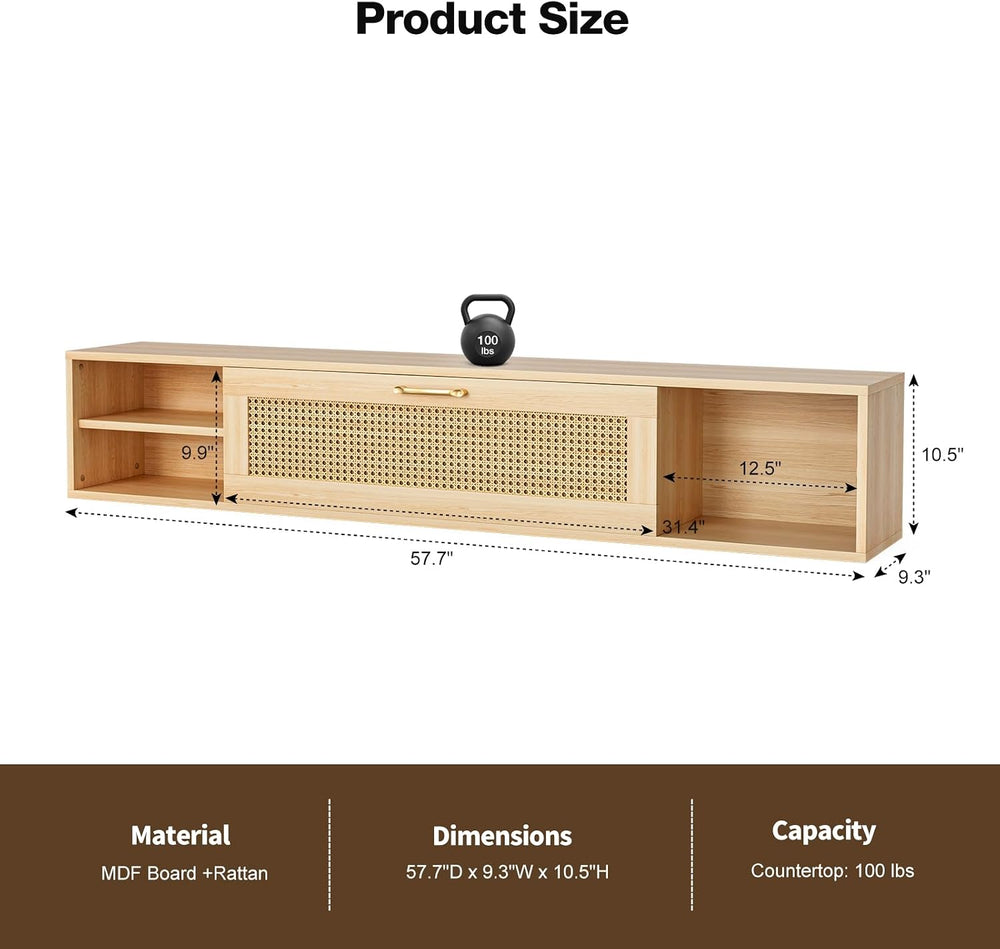 IKIFLY Floating TV Stand with Rattan Door and Large Storage TV Shelfs, Wood