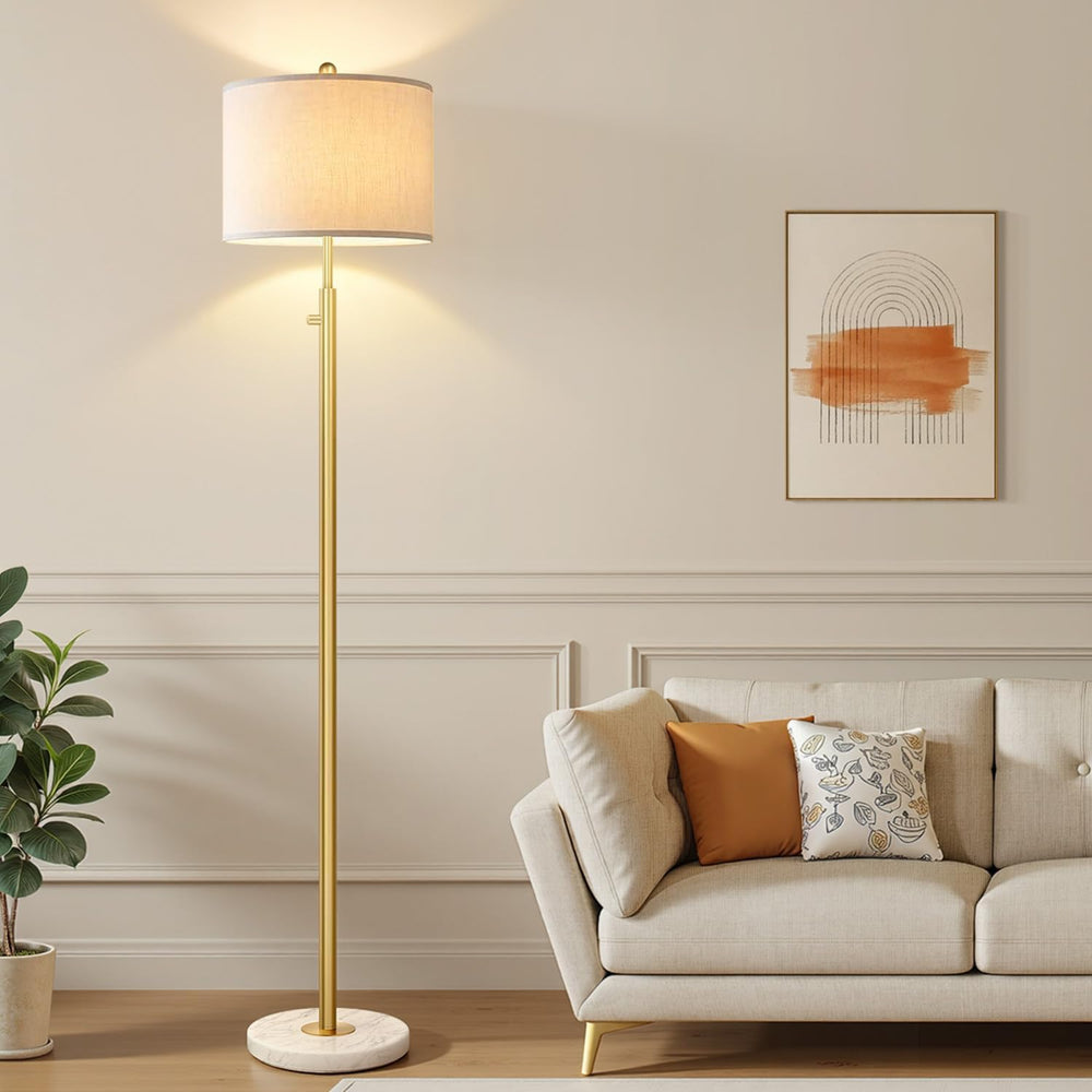 Nintiue Dimmable Gold Floor Lamp, Turkish Marble Base, White Linen Shade