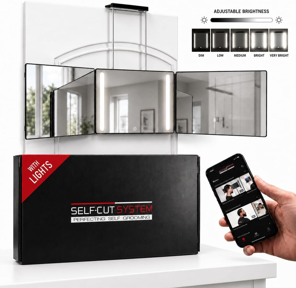 Self-Cut System 3 Way Mirror with LED Lights 14” L x 1” W - Black