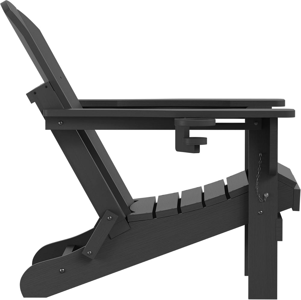SERWALL Folding Adirondack Chairs with Cup Holder, Outdoor Fire Pit - Black