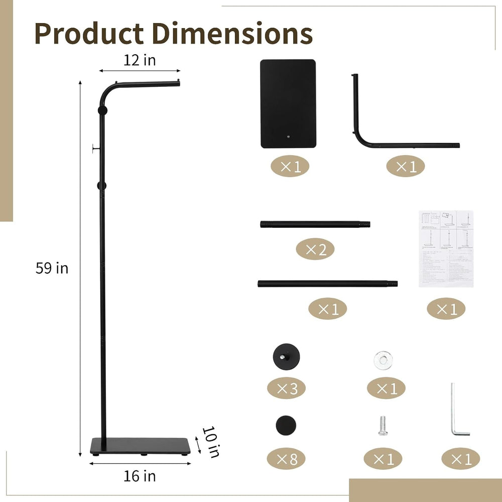 L-Shaped Metal Floor Coat Rack, Portable Standing Clothes Rack with Marble Ba...