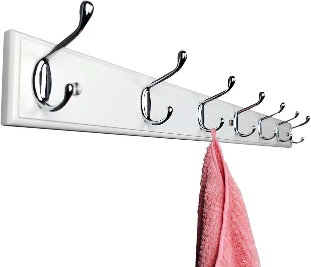 Wooden Wall Mounted Coat Rack – 35 Inch, White with 7 Silver Hooks for Entryw...