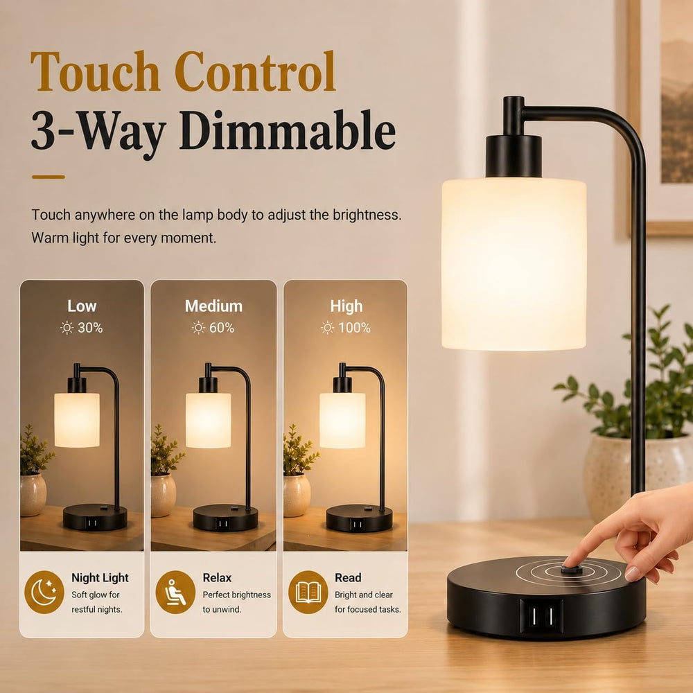 Set of 2 Industrial Touch Control Table Lamps with 2 USB Ports and AC Outlet ...