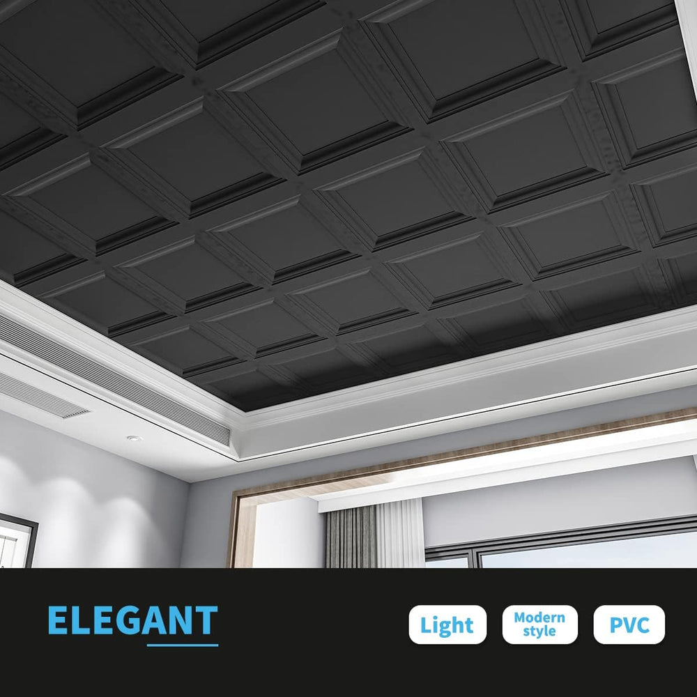 Art3d 12-Pack PVC Waterproof Drop Ceiling Tiles, 2 x 2 ft, Square, Black