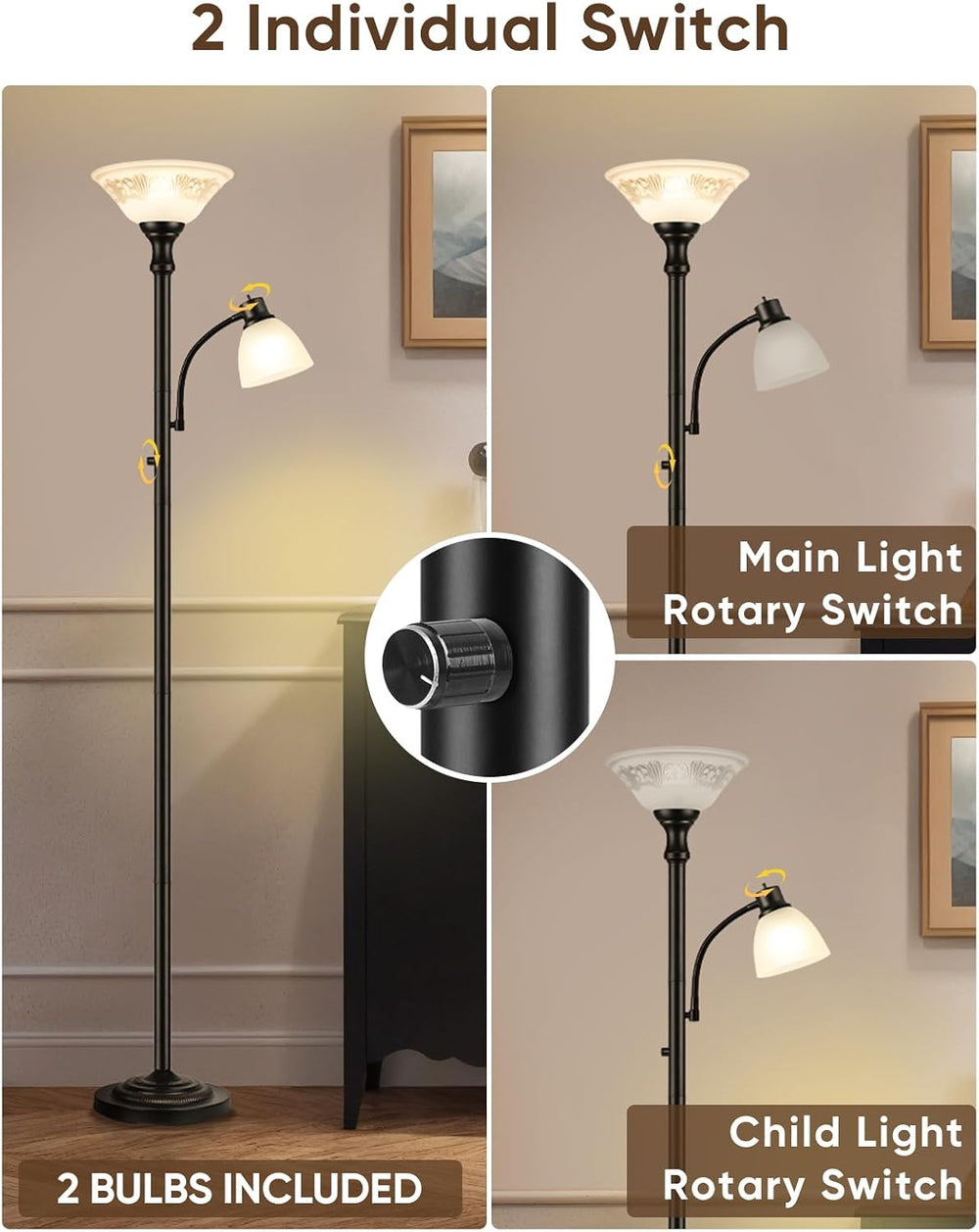 Torchiere Floor Lamp for Living Room with Reading Light, Thick Glass Shade