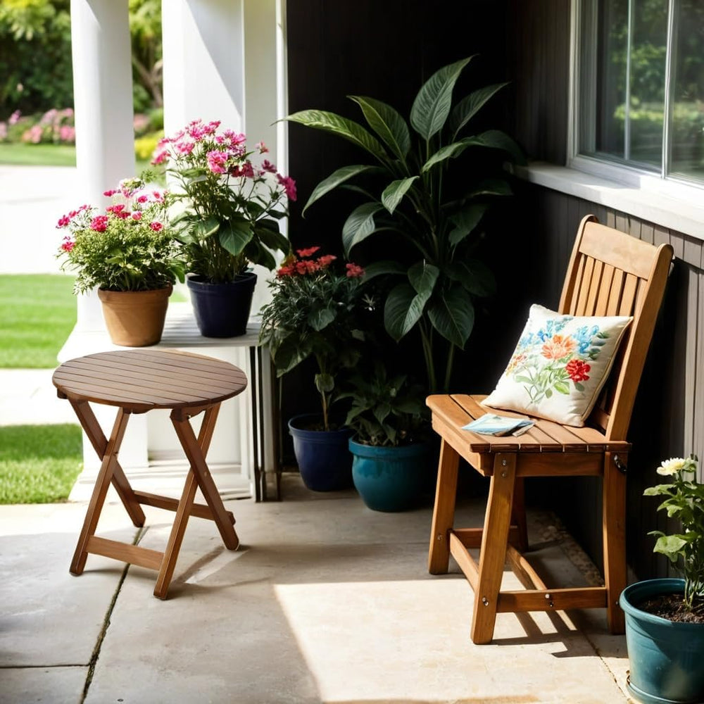 Outdoor Small Table, Round Folding Wooden Patio Side Table Furniture End Tabl...