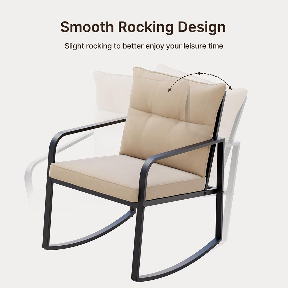 Gizoon 3 Pcs Rocking Bistro Set, Black Steel Patio Furniture,Beige Cushion