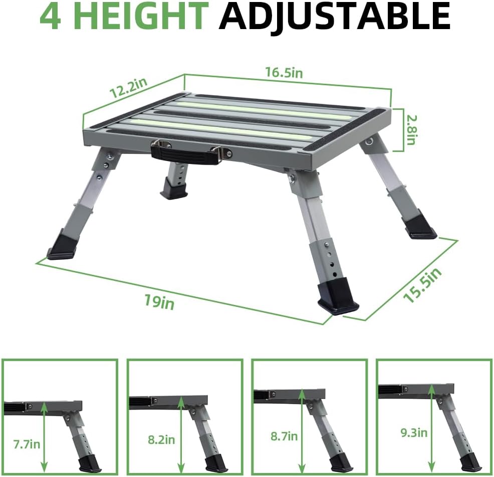 Homeon Wheels Adjustable Aluminum RV Step Stool, Folding, Gray