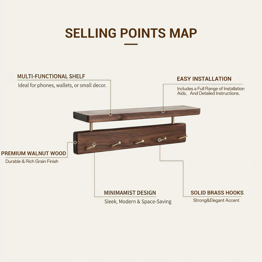 Walnut Wood Coat Rack with Shelf, Wall Mounted Rack with 5 Hooks
