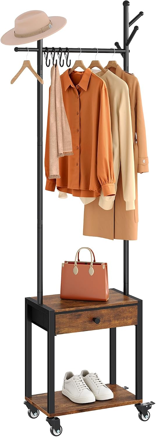 Tajsoon Coat Rack Freestanding with Lockable Wheel, Coat Stand with Drawer