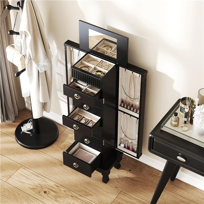 LDAILY Standing Jewelry Armoire Cabinet, Wooden Storage Chest