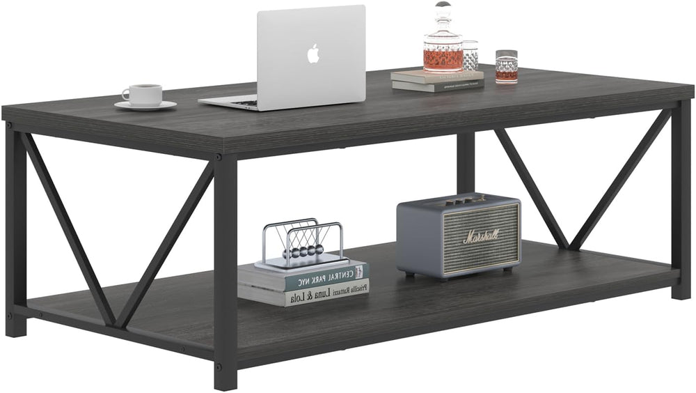 FOLUBAN Industrial Coffee Table with Storage Shelf, Modern Rustic Wooden and ...