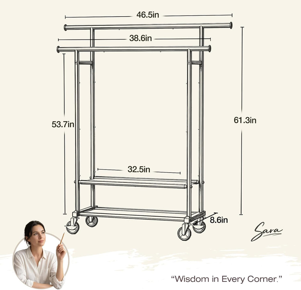Portable Clothes Rack Rolling Garment Rack with Wheels 26OLBS Black