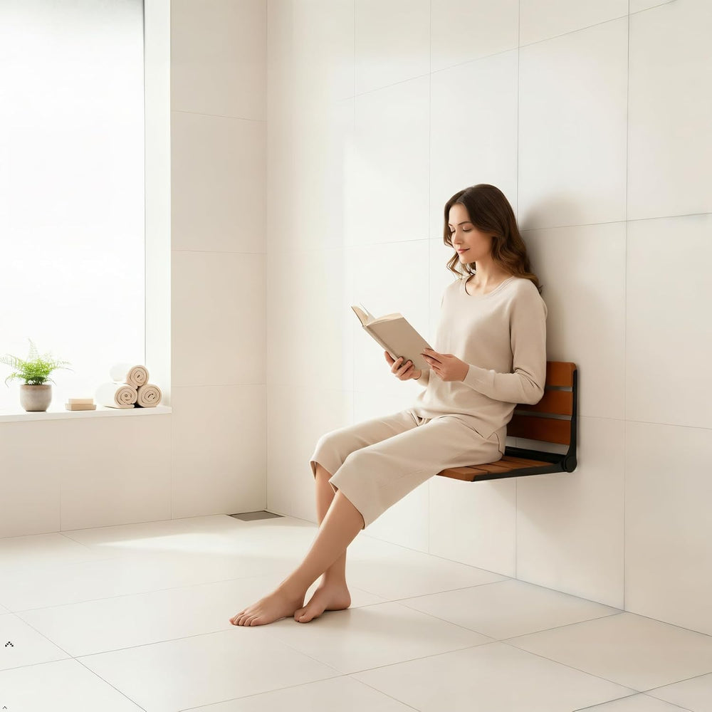 18 inch Teak Folding Shower Seat Wall Mounted Stainless Steel