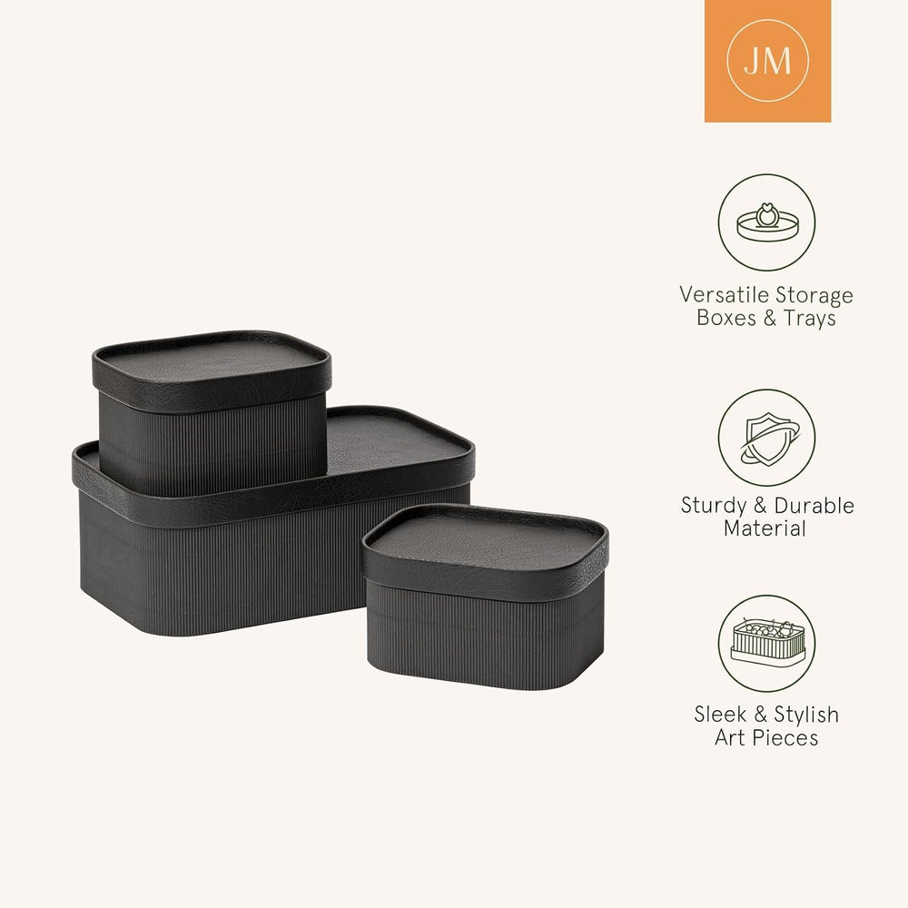 LA JOLIE MUSE Decorative Storage Boxes with Lids Faux Leather, Black 3 Pack