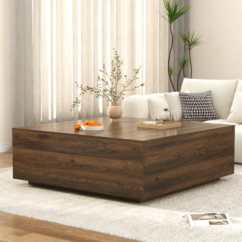 47 Inch Large Square Coffee Table with Storage,Wooden Coffee Table((Walnut)